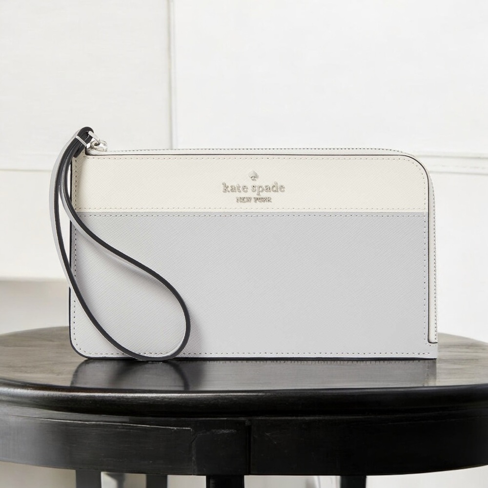 Kate Spade NWT Lucy Colorblock Medium L-Zip Wristlet (Platinum Grey)